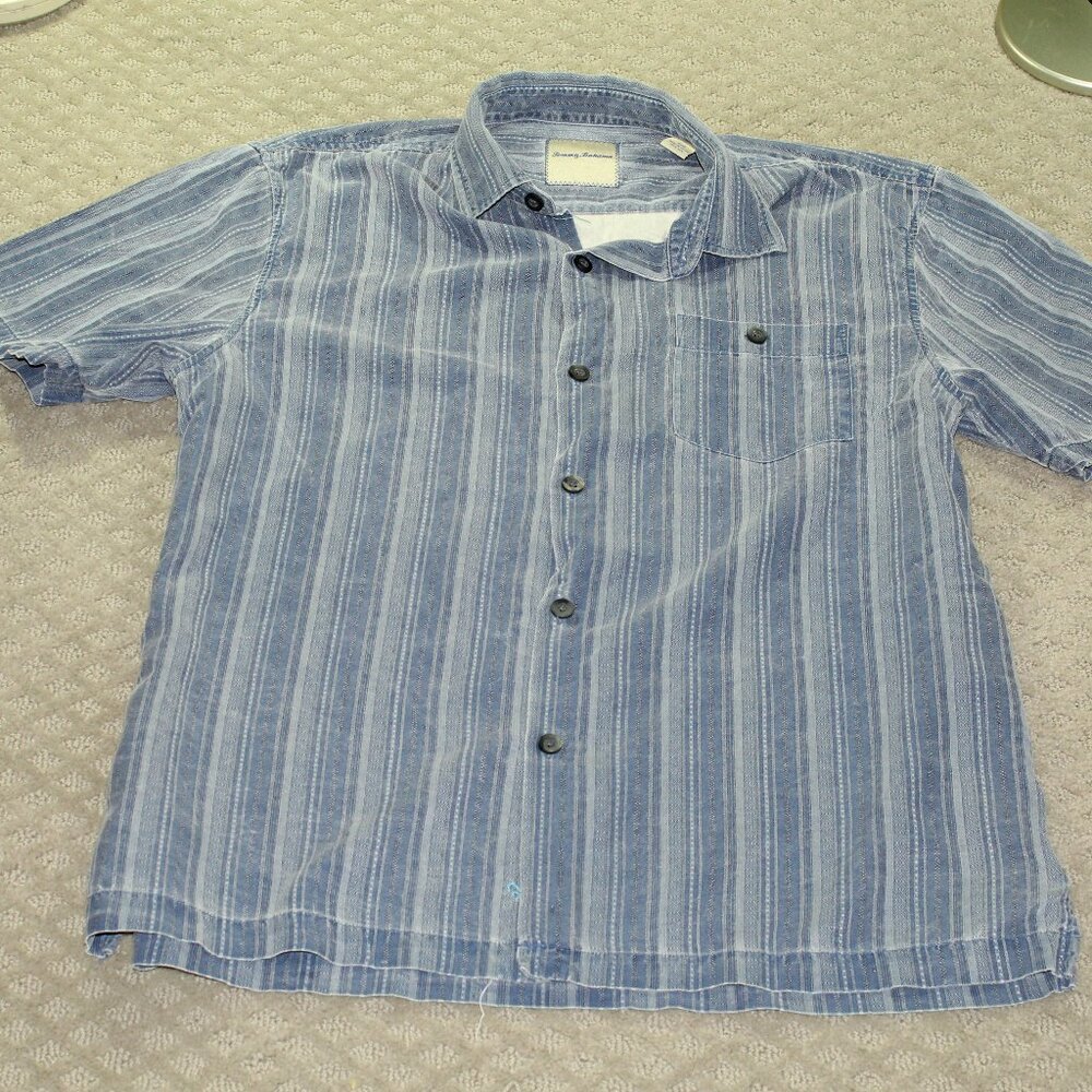Vintage 90s Tommy Bahama Men's Size L 100% Silk Blue Striped Casual Button Down